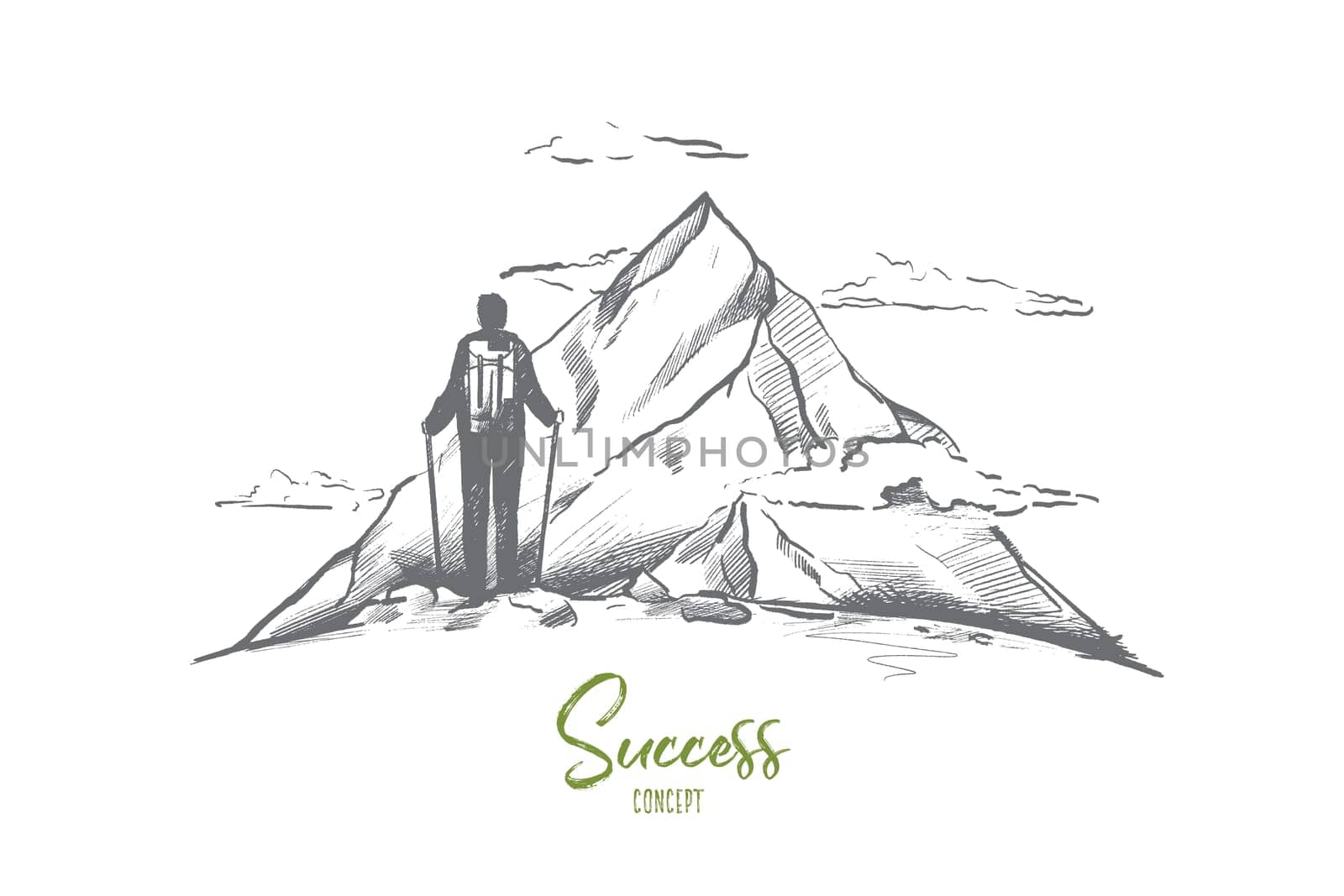 Success concept. Hand drawn person on top of mountain as symbol of success. Man with backpack trekking isolated vector illustration.