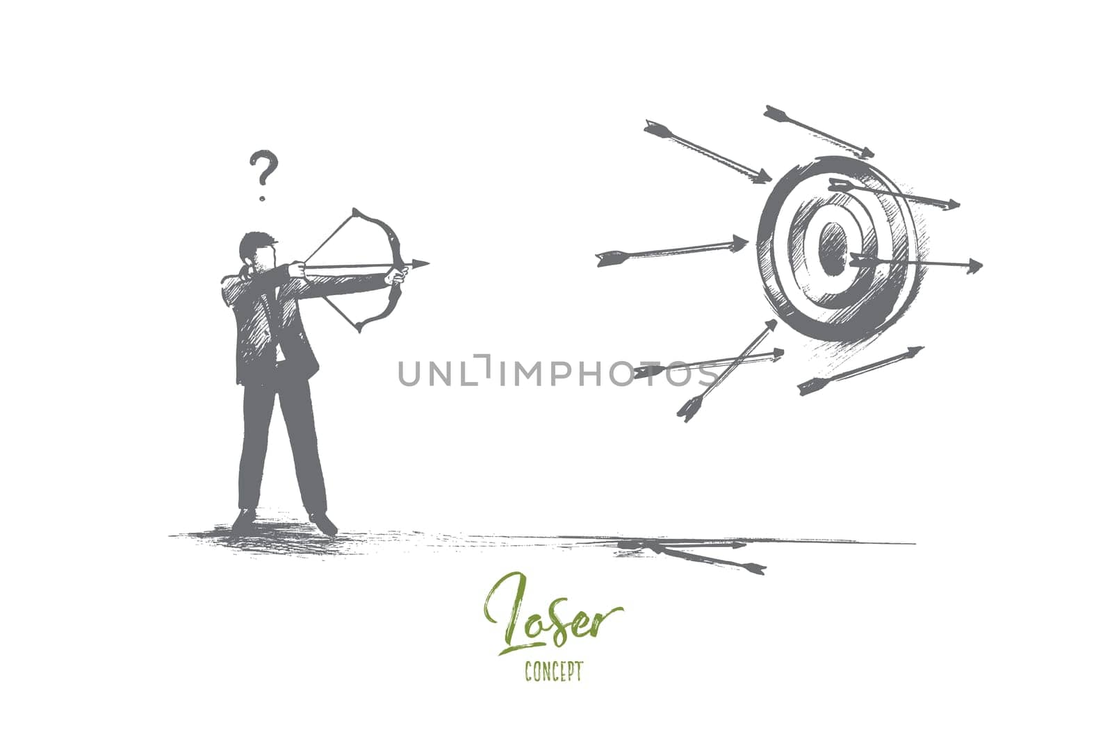 Loser concept. Hand drawn failure in business. Unfortunate attempt to hit the target isolated vector illustration.