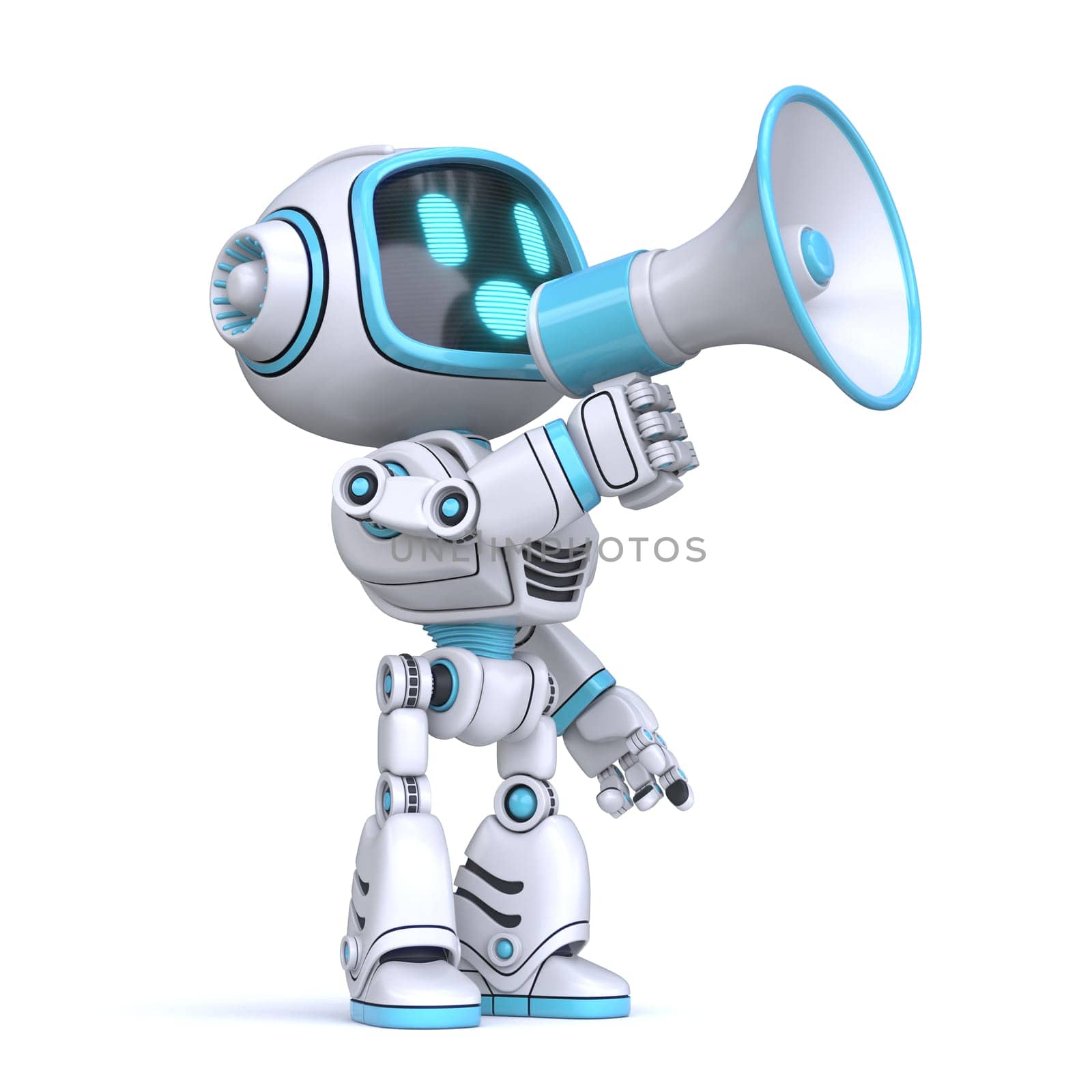 Cute blue robot with megaphone 3D rendering illustration isolated on white background