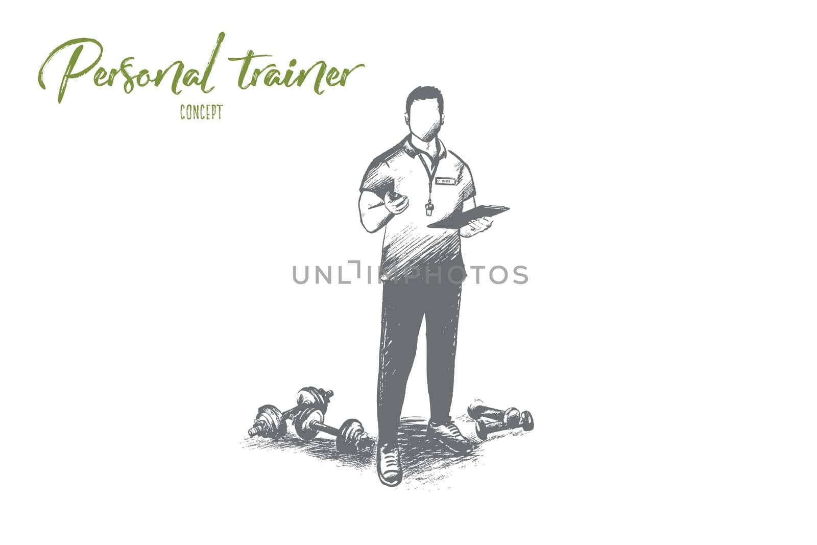 Personal trainer concept. Hand drawn professional fitness coach. Handsome male trainer with clipboard isolated vector illustration.