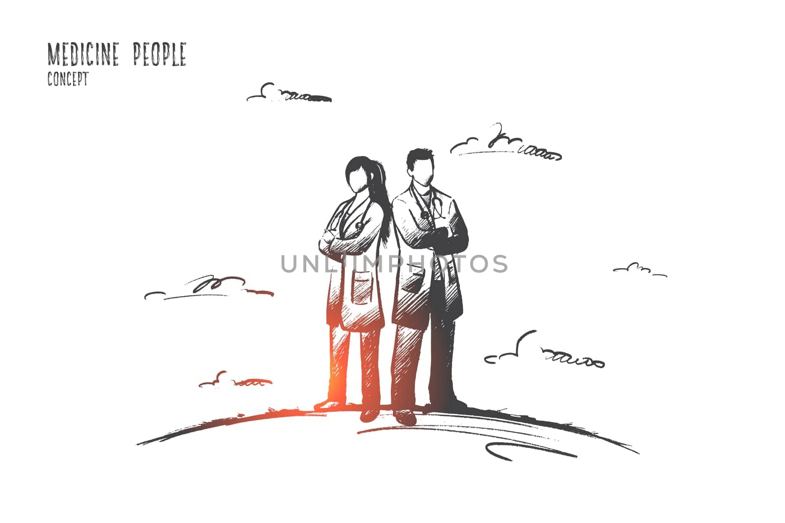 Medicine people concept. Hand drawn medical staff in white coat. Medicine personal ready to help patient isolated vector illustration.