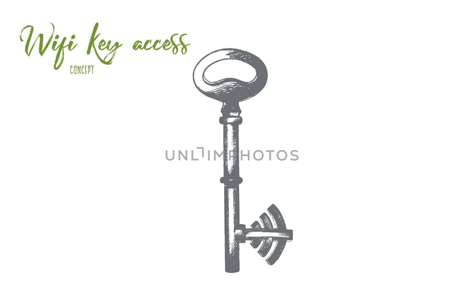 Wi-fi key access concept. Hand drawn key as symbol of password for wi-fi network. Protection of wireless isolated vector illustration.