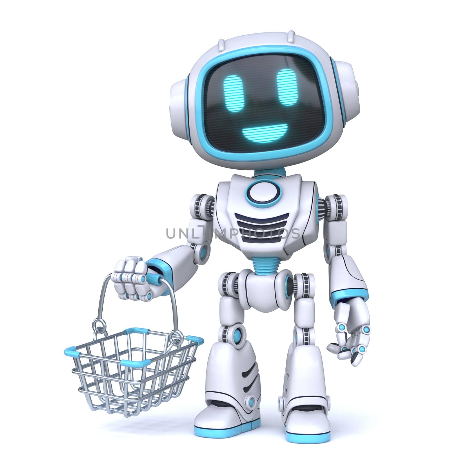 Cute blue robot with shopping basket 3D rendering illustration isolated on white background