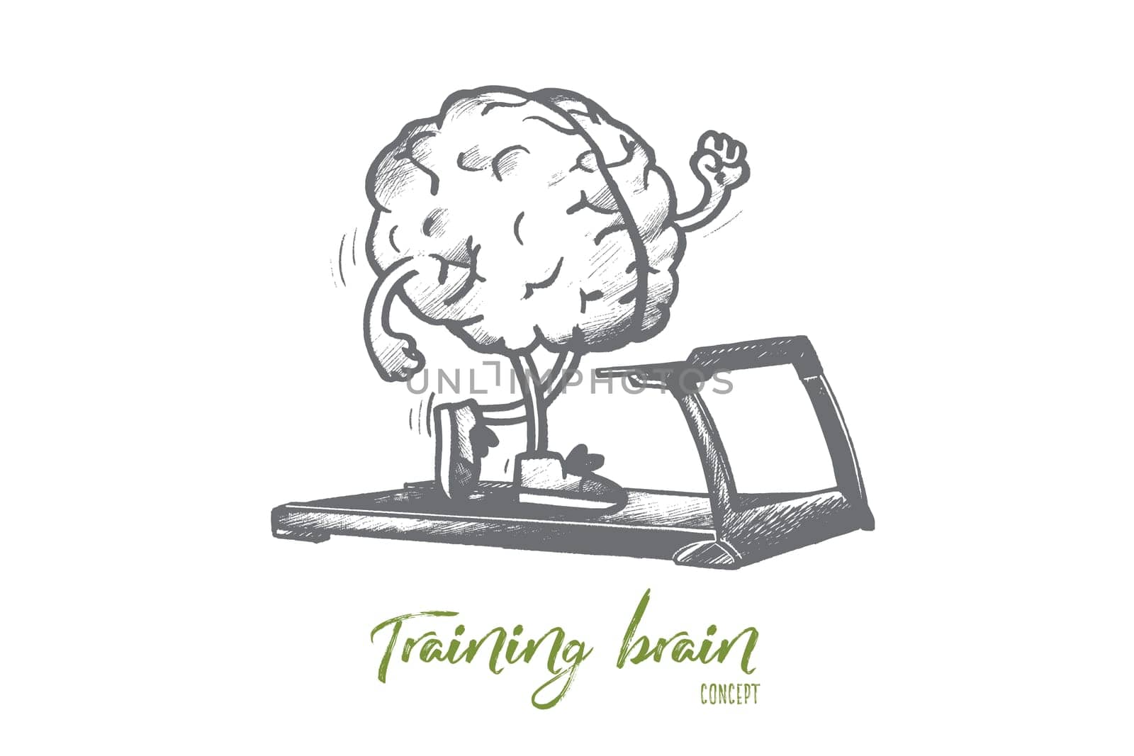 Training brain concept. Hand drawn human brain training on running track. Improving intellect skills isolated vector illustration.
