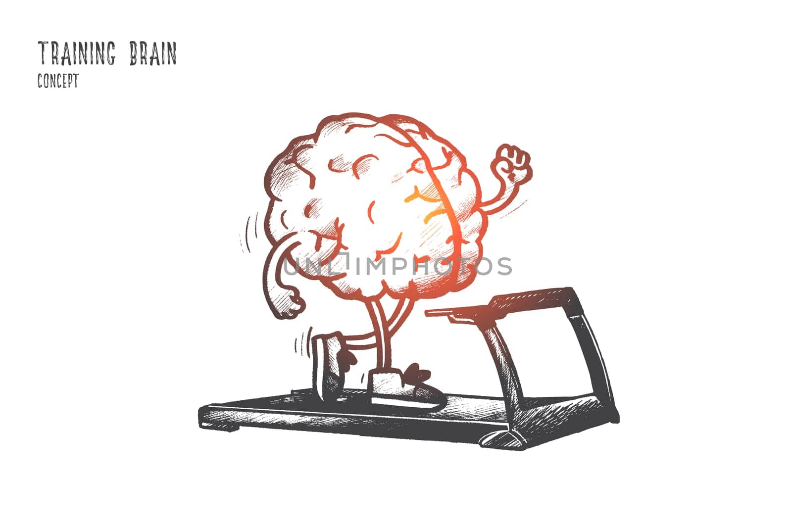 Training brain concept. Hand drawn human brain training on running track. Improving intellect skills isolated vector illustration.