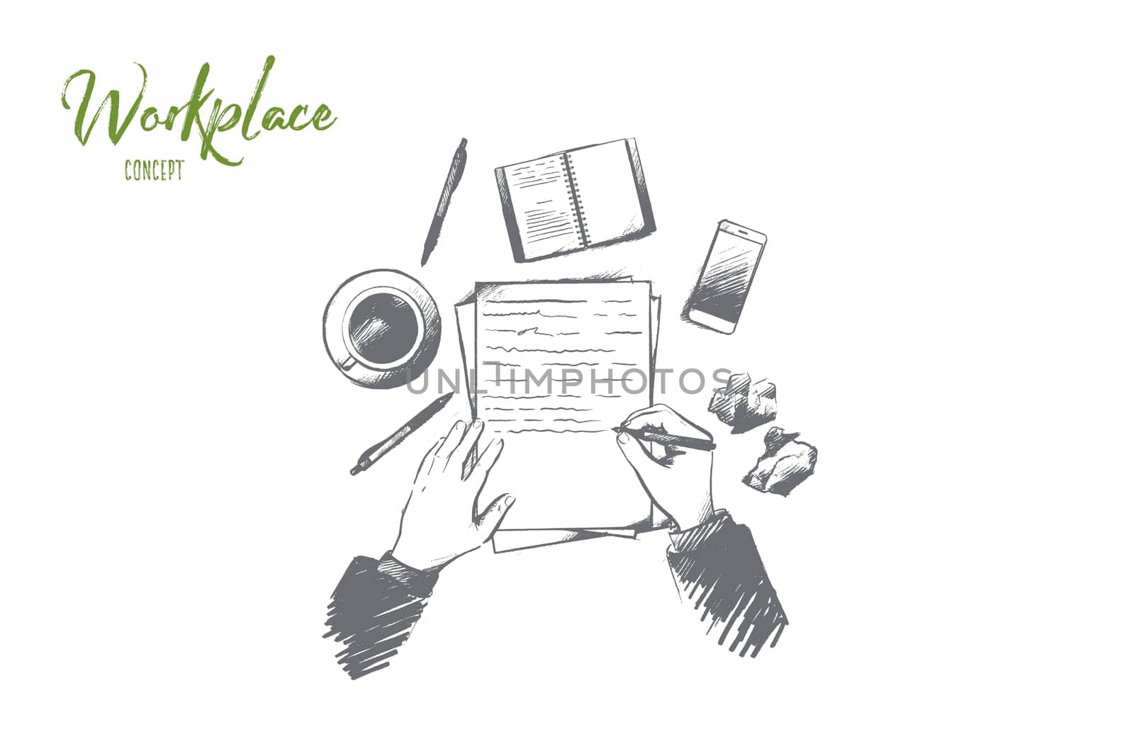 Workplace concept. Hand drawn top view of person writing in notepad placed on table. Desktop with a coffee cup, smartphone and other supplies isolated vector illustration.