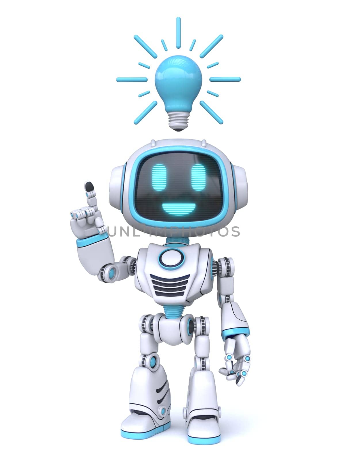 Cute blue robot with blue light bulb have an idea 3D rendering illustration isolated on white background