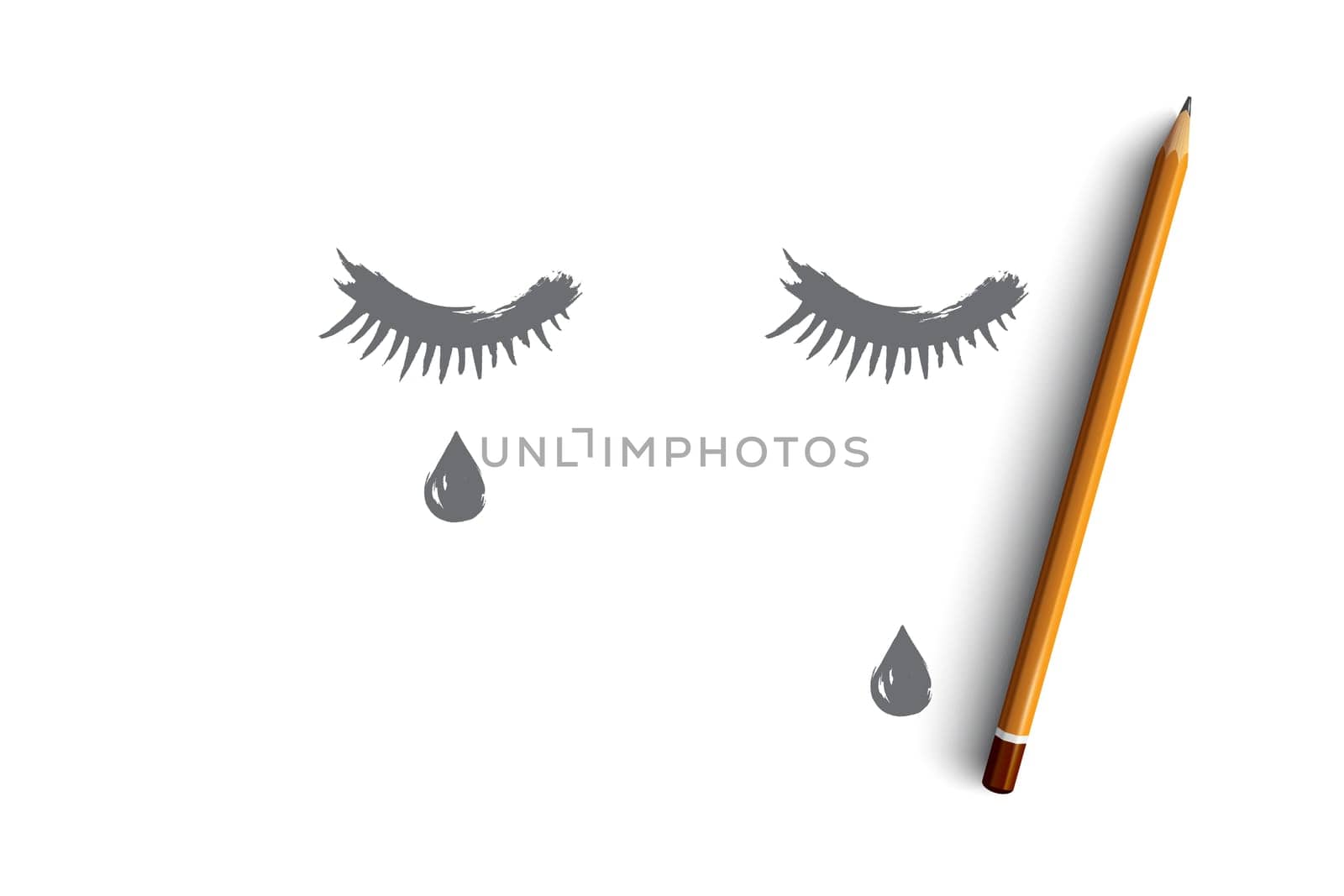 Sadness concept. Hand drawn closed eyes with a teardrop on face. Tear runs down on cheek isolated vector illustration.