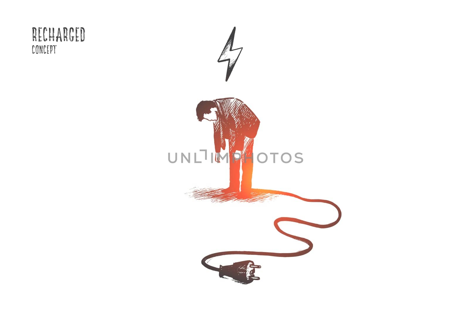 Recharge trainer concept. Hand drawn discharge businessman need to relax. Person needs energy for success isolated vector illustration.