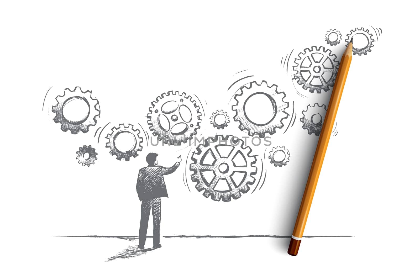 Business system concept. Hand drawn manager builds a business system with gear. Teamwork with gear system isolated vector illustration.