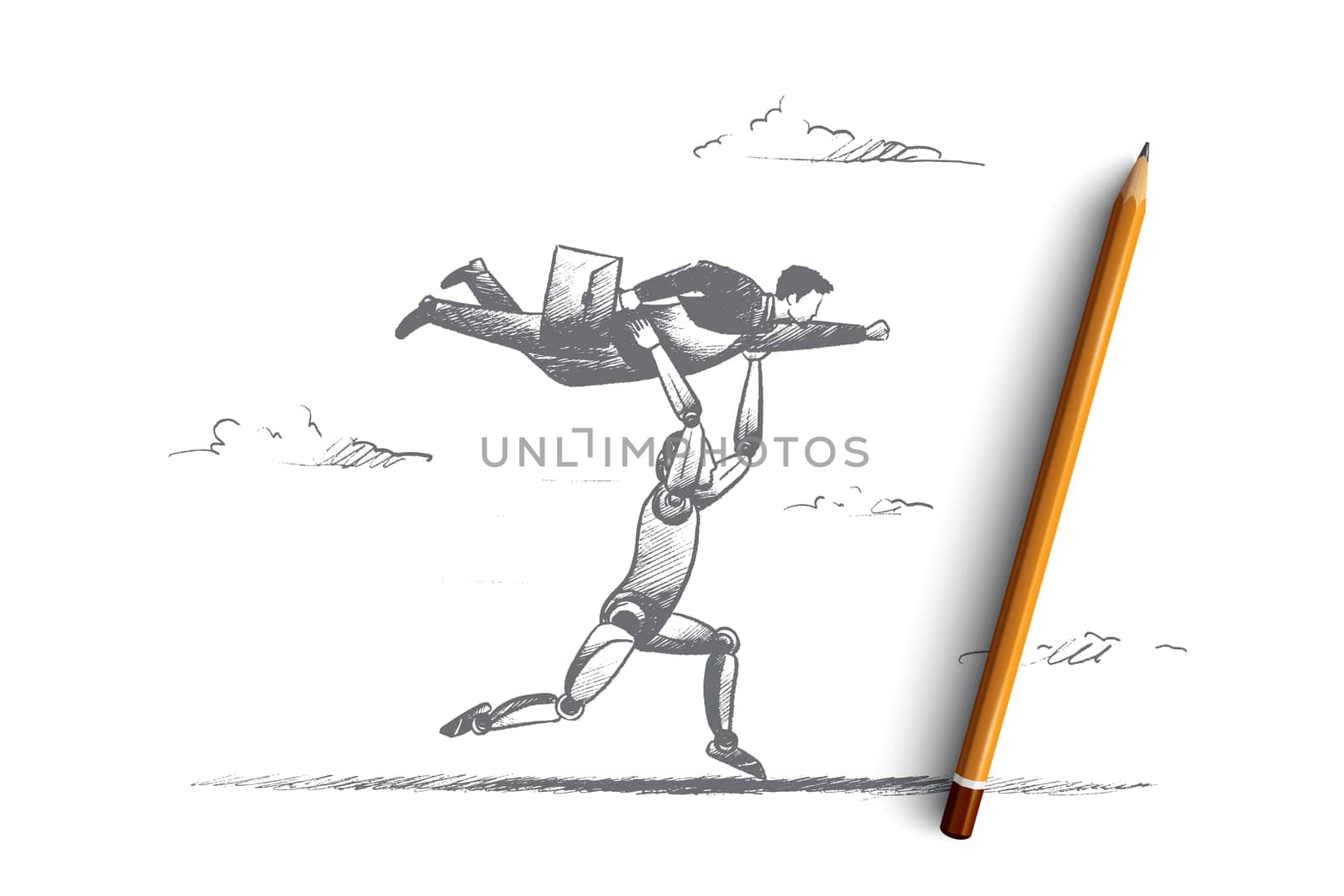 Business automation concept. Hand drawn running robot with businessman on hands. Machine technologies in business isolated vector illustration.