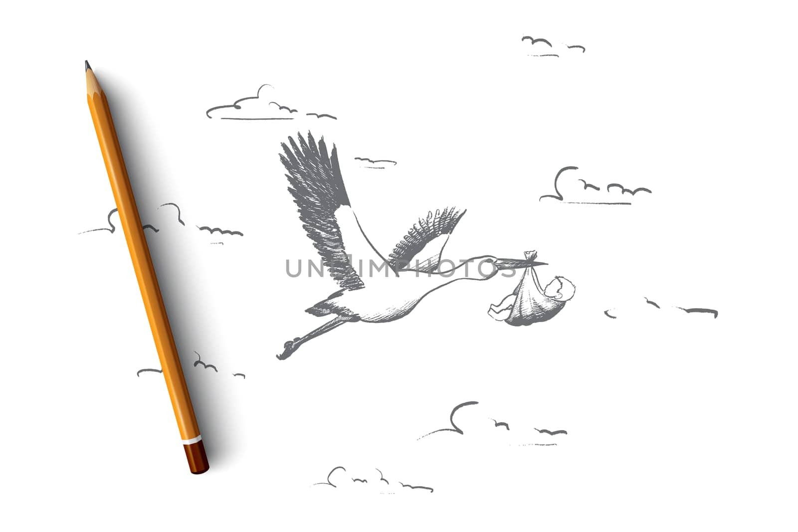 Pregnancy concept. Hand drawn stork in flight delivering a newborn baby. Symbol of newborn child isolated vector illustration.