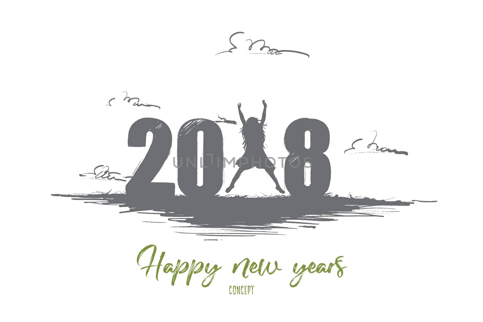 Happy new years concept. Hand drawn silhouette woman jumping and figures 2018 near. Happily celebrating new year isolated vector illustration.