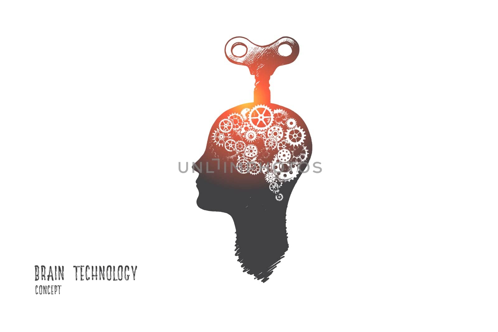 Brain technology concept. Hand drawn gears as symbol of brain with key in it. Innovative technologies in science and medicine isolated vector illustration.