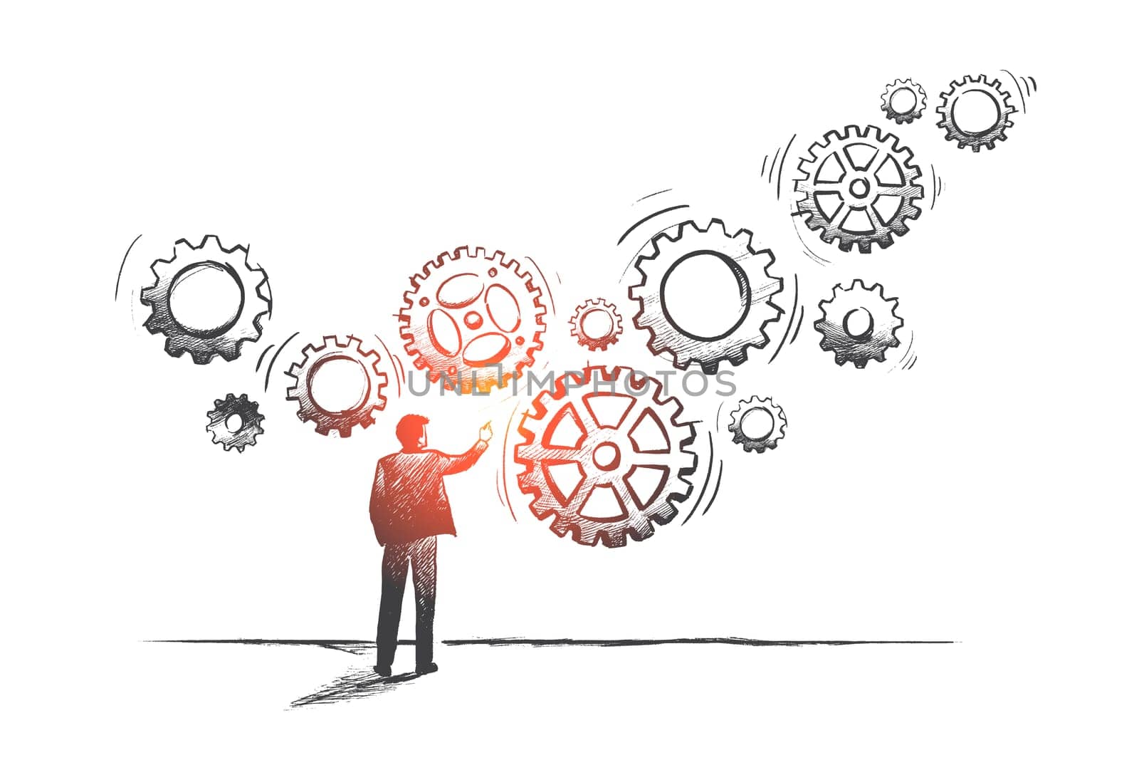 Business system concept. Hand drawn manager builds a business system with gear. Teamwork with gear system isolated vector illustration.