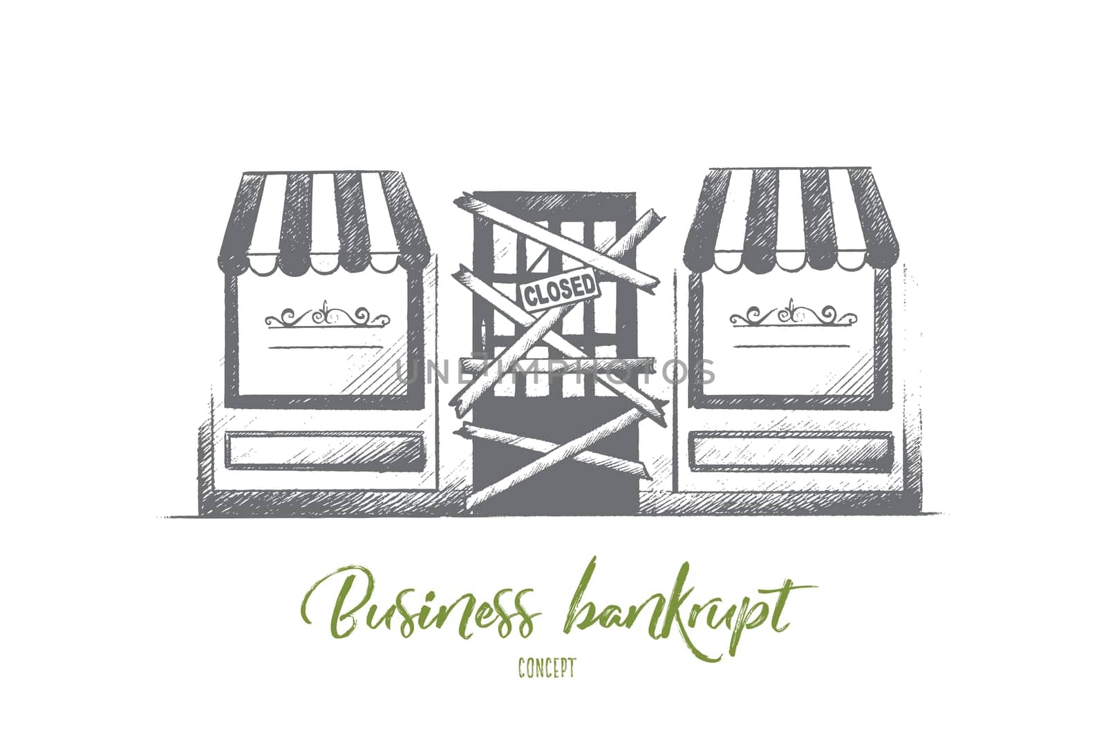 Business bankrupt concept. Hand drawn closed sign hanging in a shop window. Troubles in business isolated vector illustration.