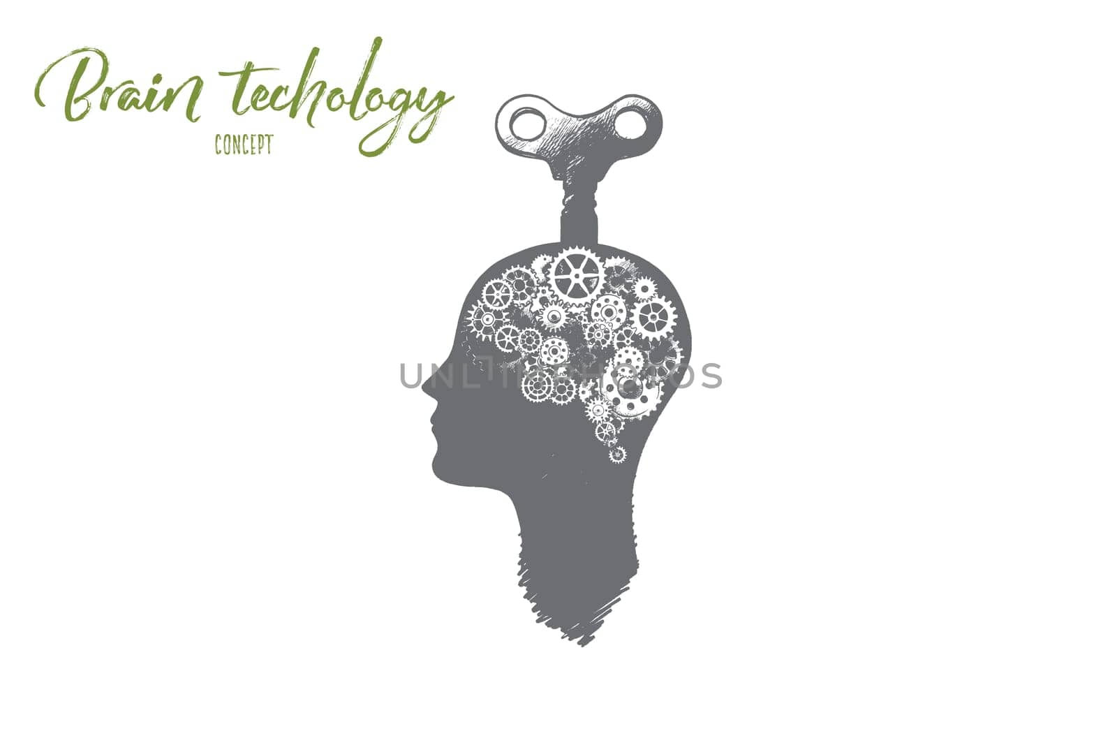 Brain technology concept. Hand drawn gears as symbol of brain with key in it. Innovative technologies in science and medicine isolated vector illustration.