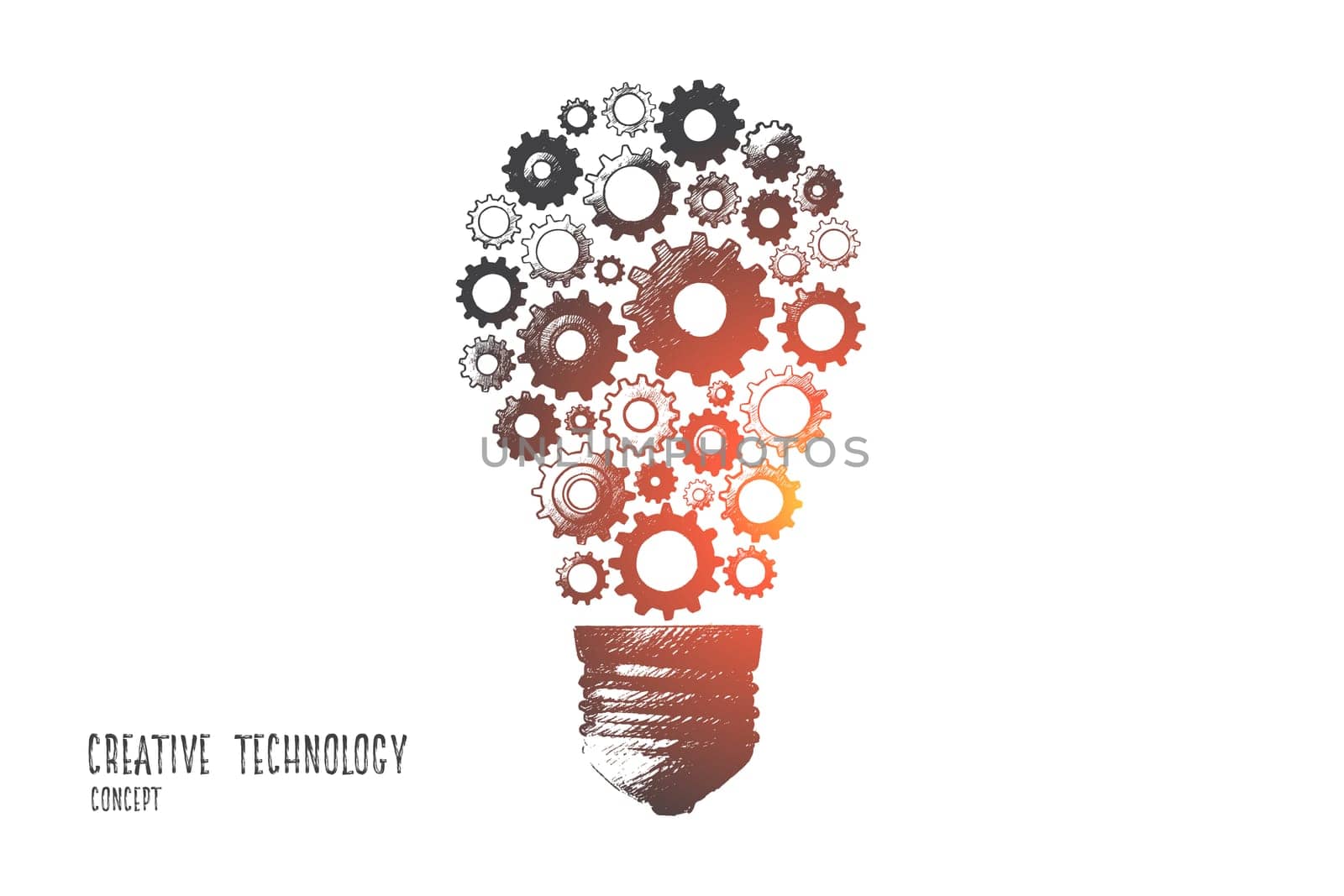 Creative technology concept. Hand drawn electric bulb with gear wheels as symbol of creative idea. Production of ideas isolated vector illustration.