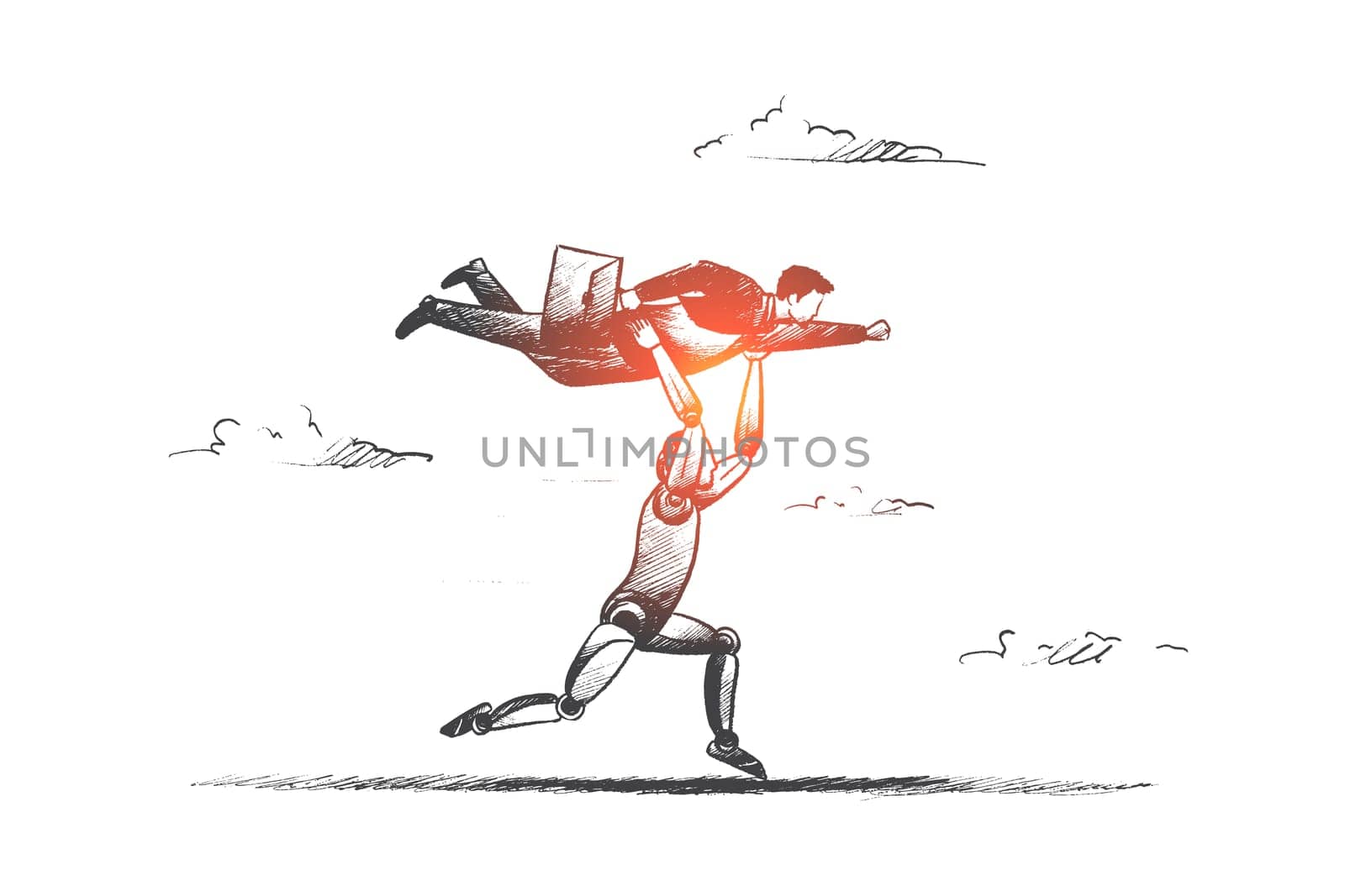 Business automation concept. Hand drawn running robot with businessman on hands. Machine technologies in business isolated vector illustration.