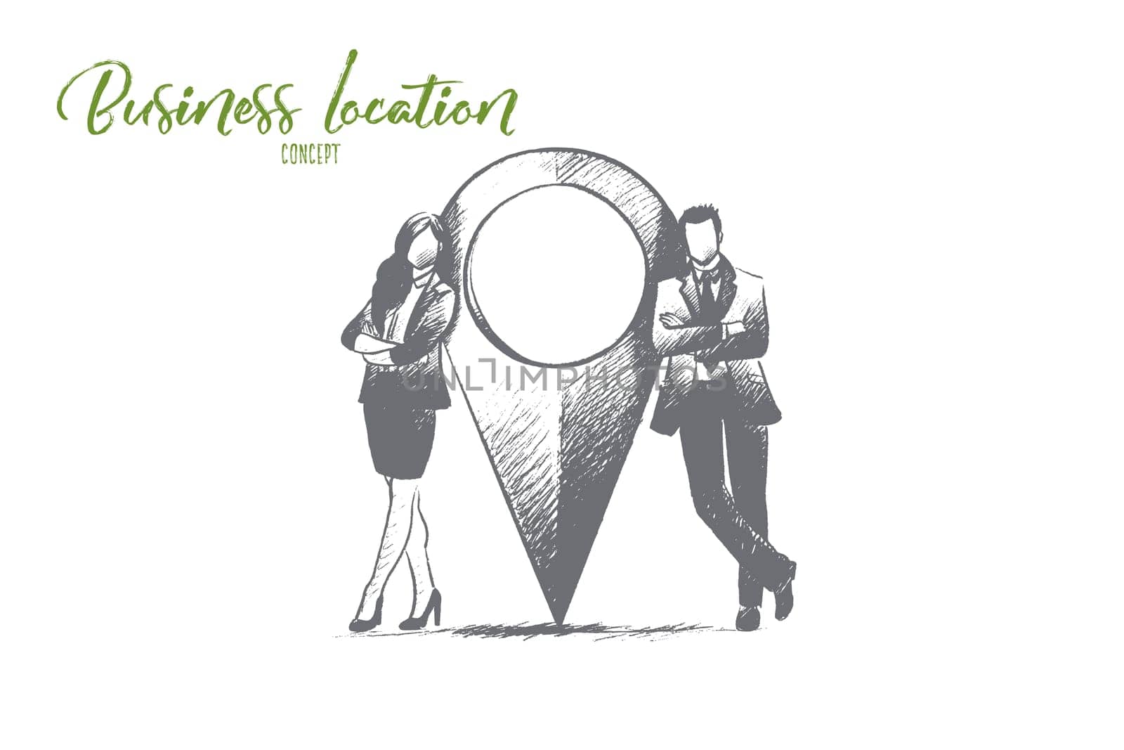 Business location concept. Hand drawn man and woman near location point. Marker of place isolated vector illustration.