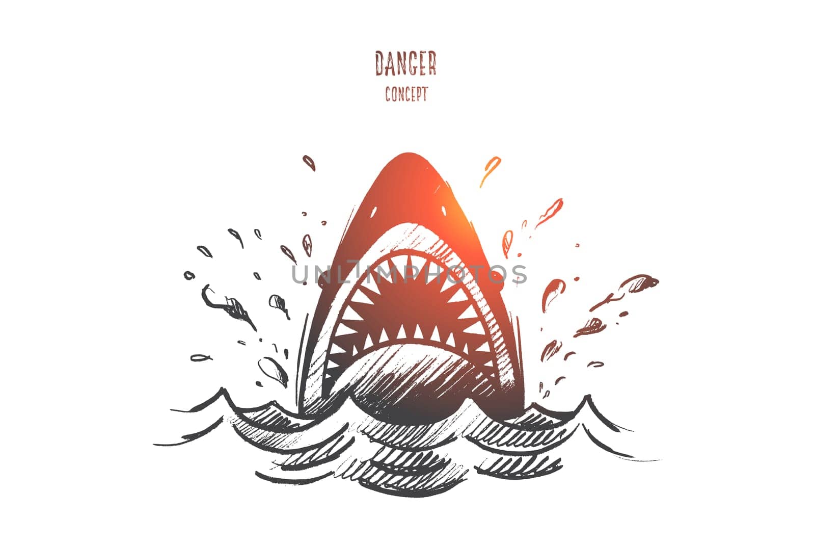 Danger concept. Hand drawn mouth of a shark like symbol of danger. Sea predator isolated vector illustration.
