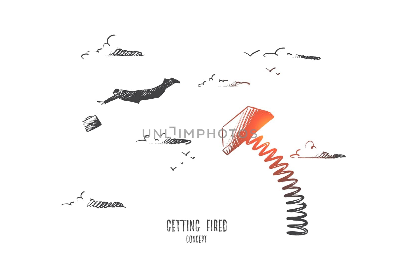Getting fired concept. Hand drawn upset office worker is fired. Finish of career isolated vector illustration.