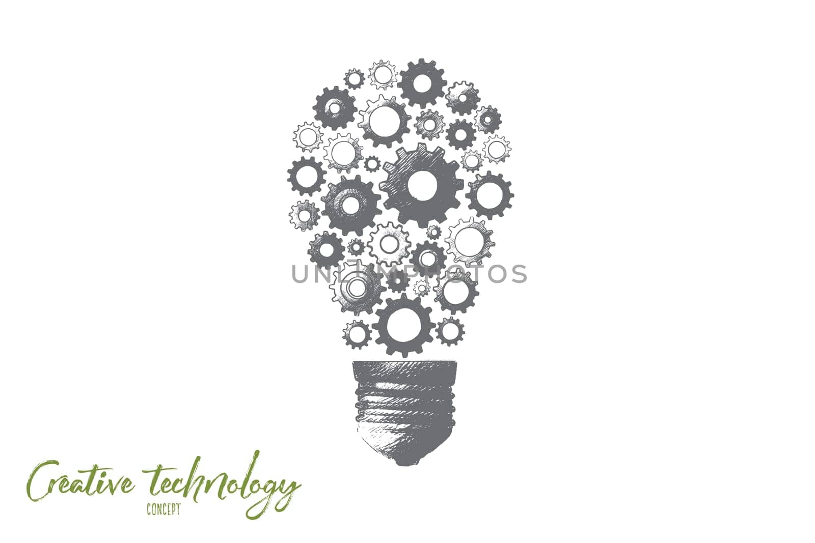 Creative technology concept. Hand drawn electric bulb with gear wheels as symbol of creative idea. Production of ideas isolated vector illustration.