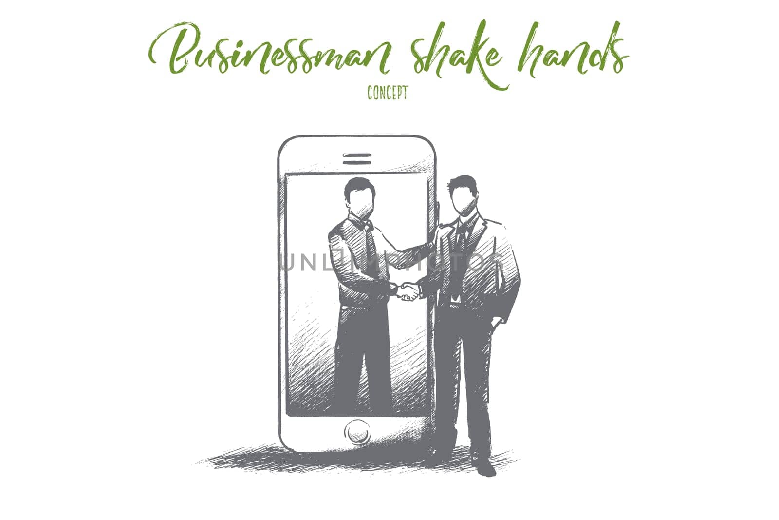 Businessman shaking hands concept. Hand drawn partners shaking hands. Men in formal dress greeting each other isolated vector illustration.