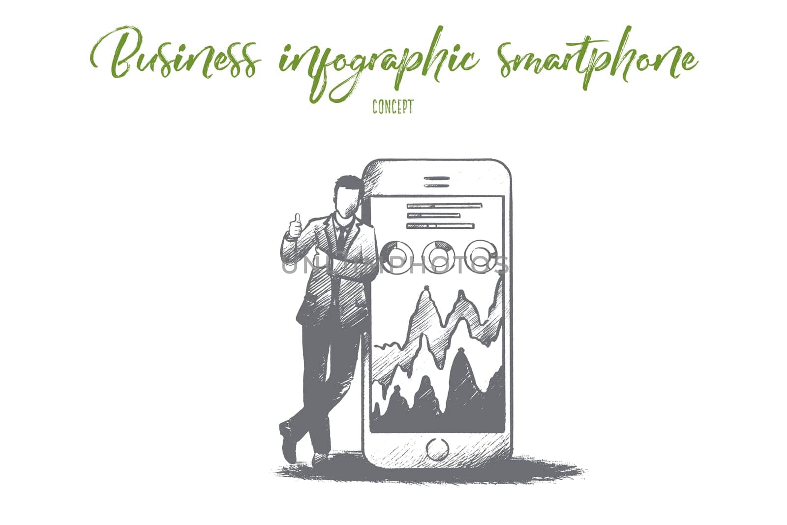 Business infographic smartphone concept. Hand drawn smartphone screen with schedule. Businessman makes a report on a smartphone isolated vector illustration.