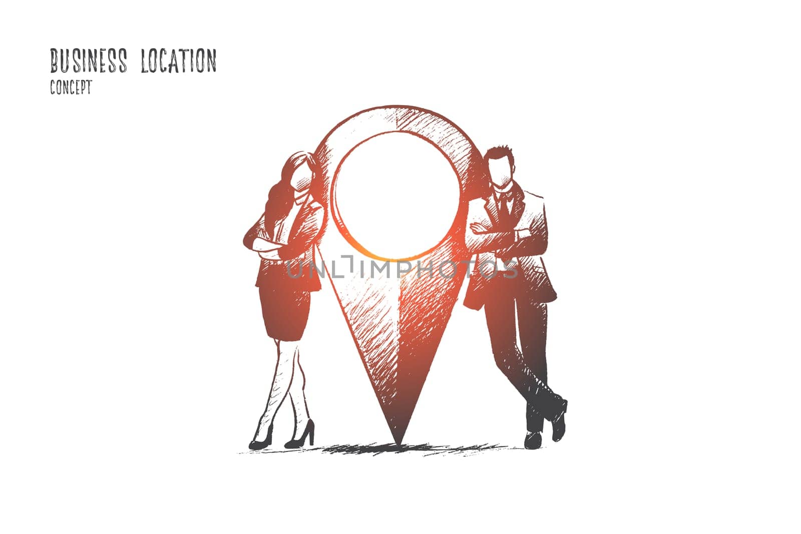 Business location concept. Hand drawn man and woman near location point. Marker of place isolated vector illustration.