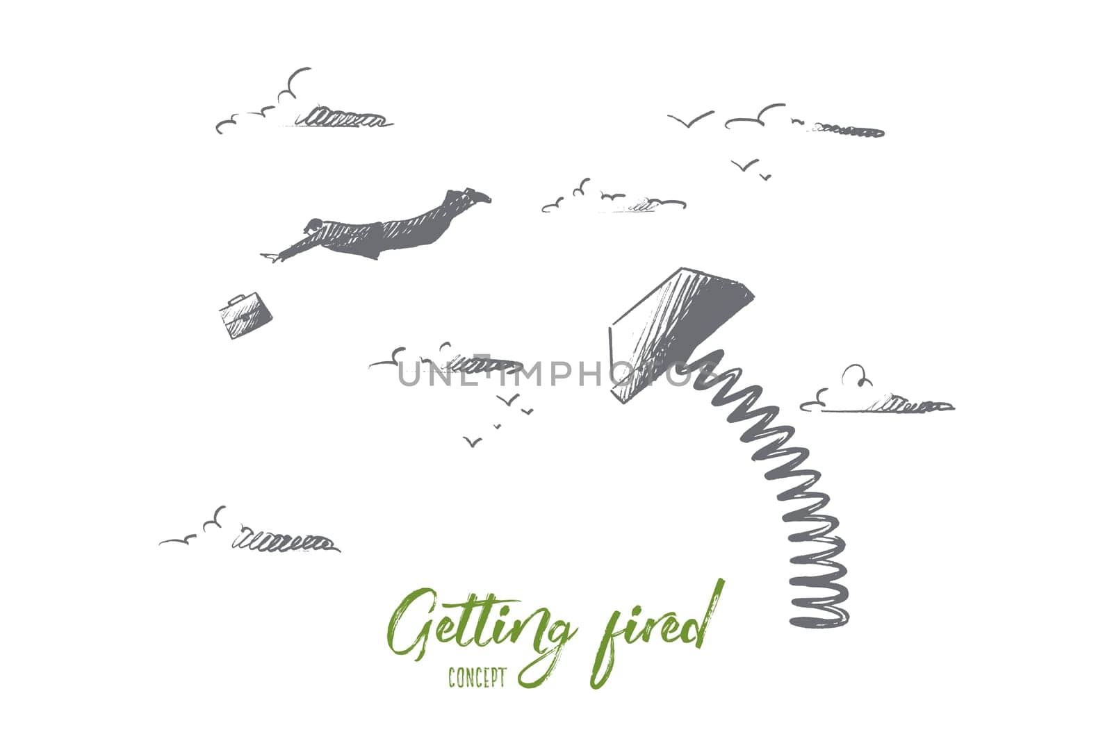 Getting fired concept. Hand drawn upset office worker is fired. Finish of career isolated vector illustration.