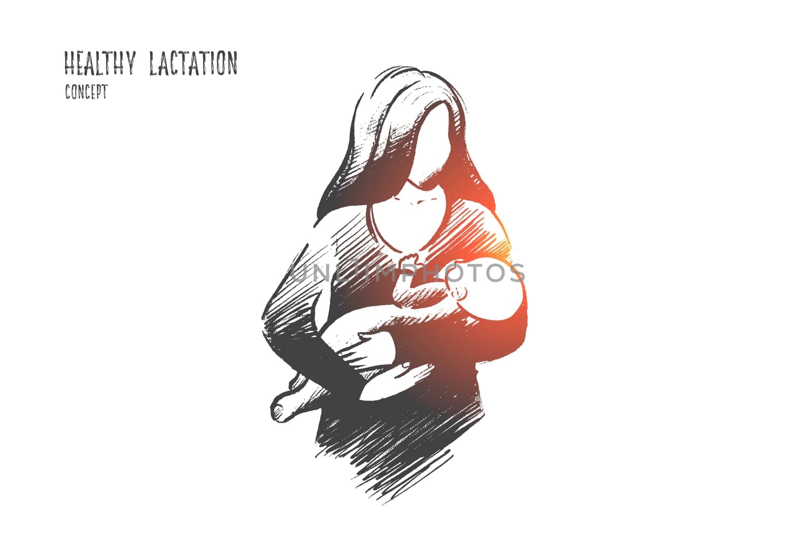 Healthy lactation concept. Hand drawn mother breastfeeding baby. Baby eating mother's milk isolated vector illustration.