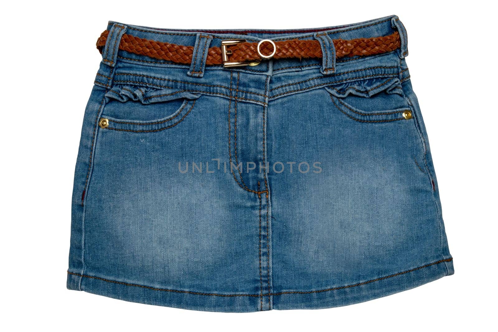 Jeans skirt. Close-up of sexy short blue jeans skirt with a elegant brown leather belt isolated on a white background. Denim fashion for girls.