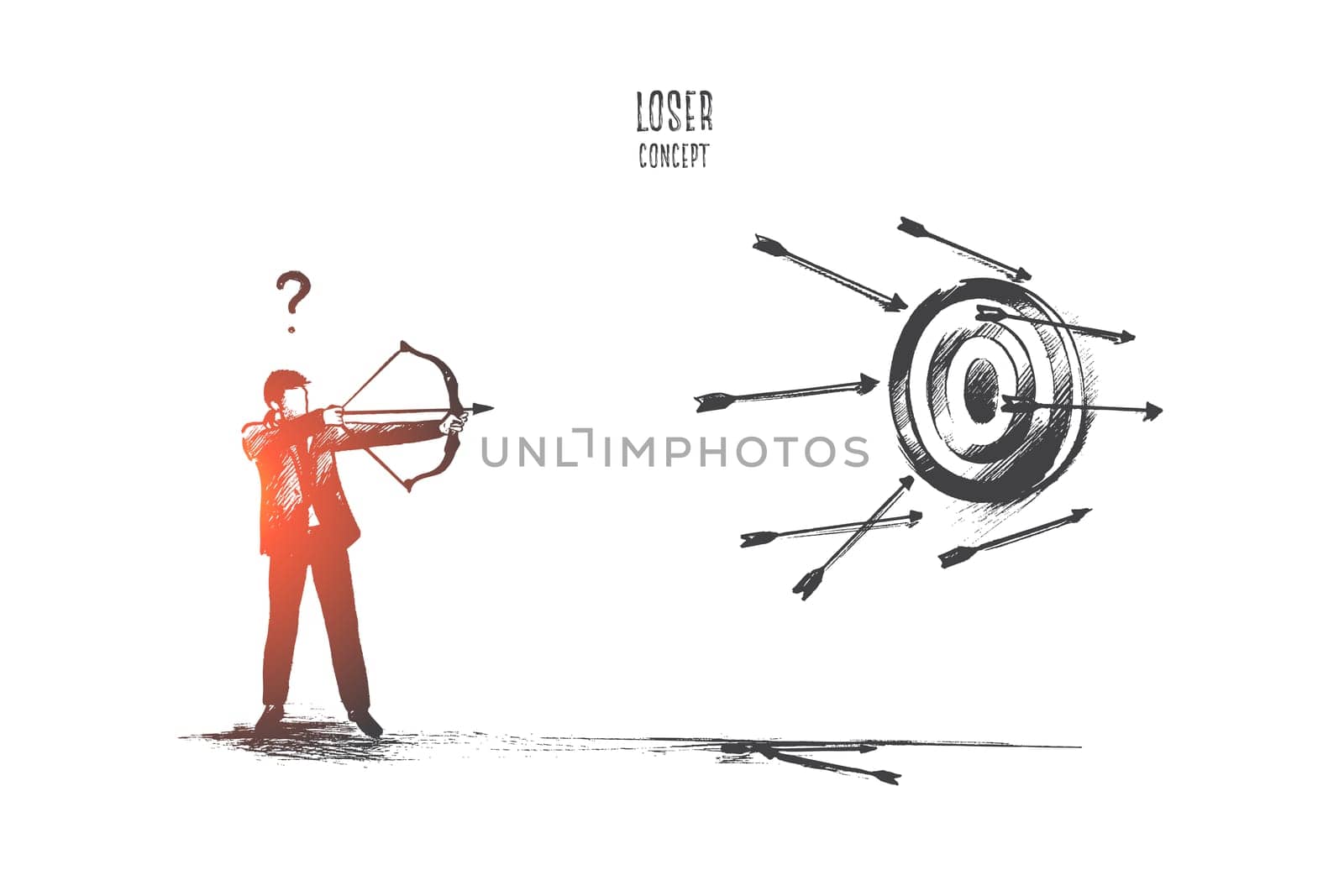 Loser concept. Hand drawn failure in business. Unfortunate attempt to hit the target isolated vector illustration.