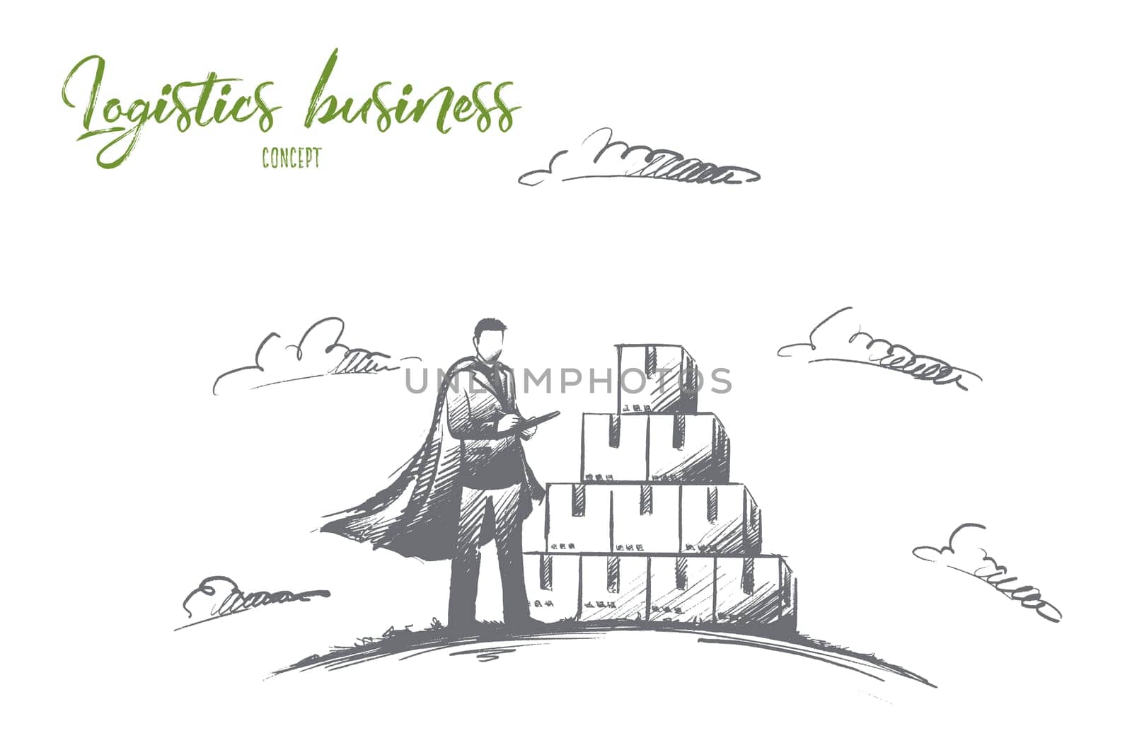 Logistics business concept. Hand drawn worker in warehouse checking boxes with logistics. Super hero manager worker isolated vector illustration.