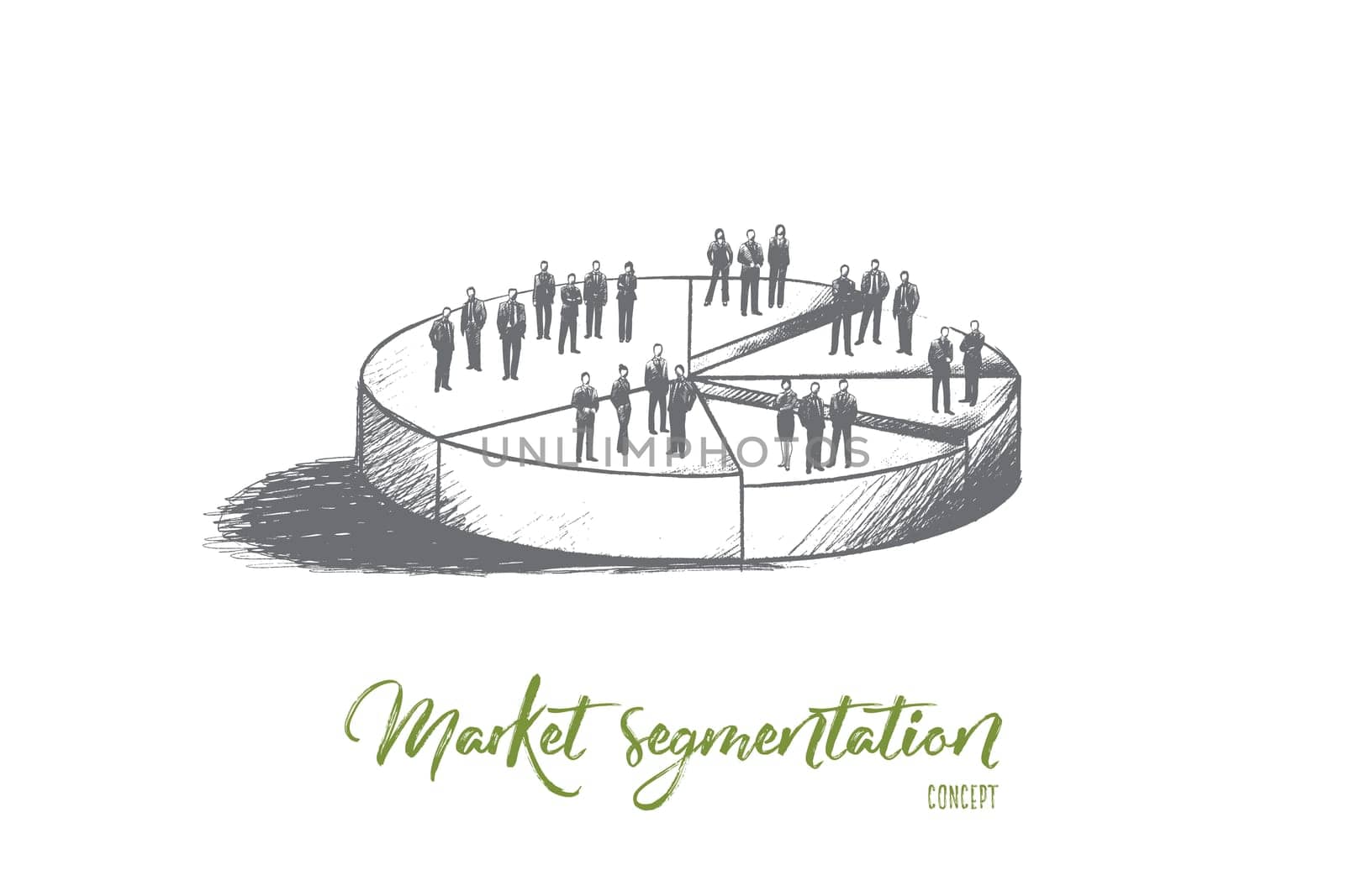 Market segmentation concept. Hand drawn illustration of a pie chart. Sectors with different people isolated vector illustration.
