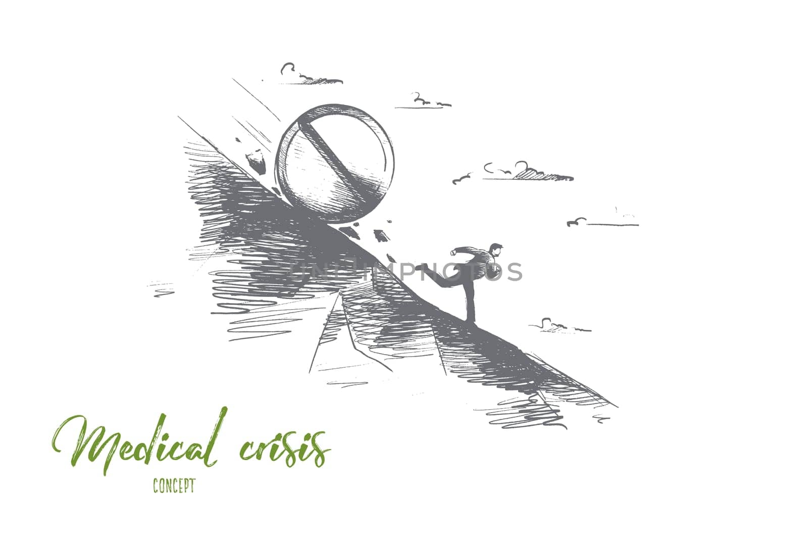 Medical crisis concept. Hand drawn tablets kill a person. Man running from medicine isolated vector illustration.