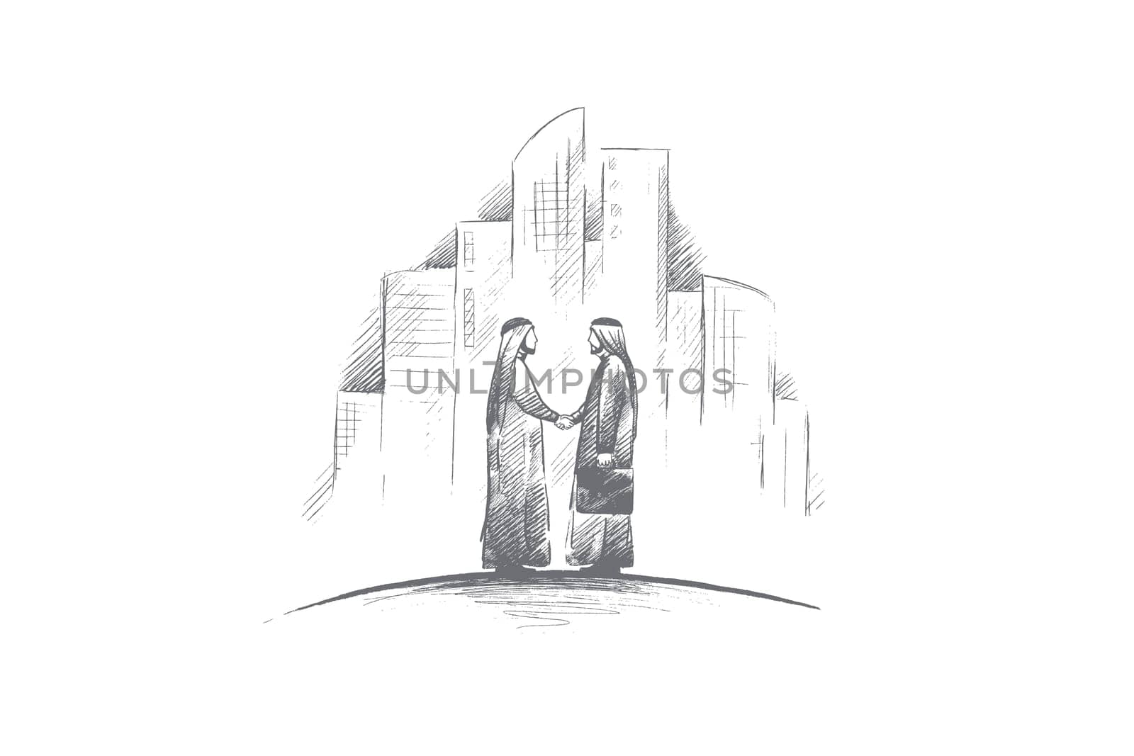 Muslims concept. Hand drawn arab persons shaking hands. Arab persons in national dress isolated vector illustration.