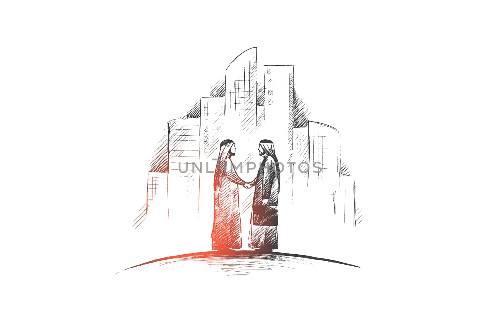 Muslims concept. Hand drawn arab persons shaking hands. Arab persons in national dress isolated vector illustration.