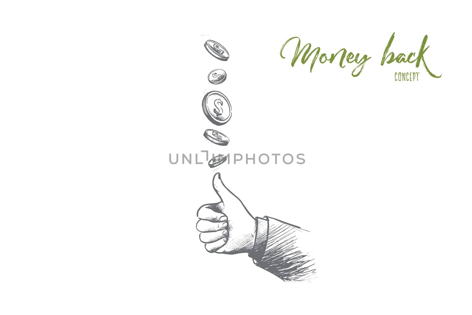 Money back concept. Hand drawn coins flying and gesture means perfect. Service for clients isolated vector illustration.