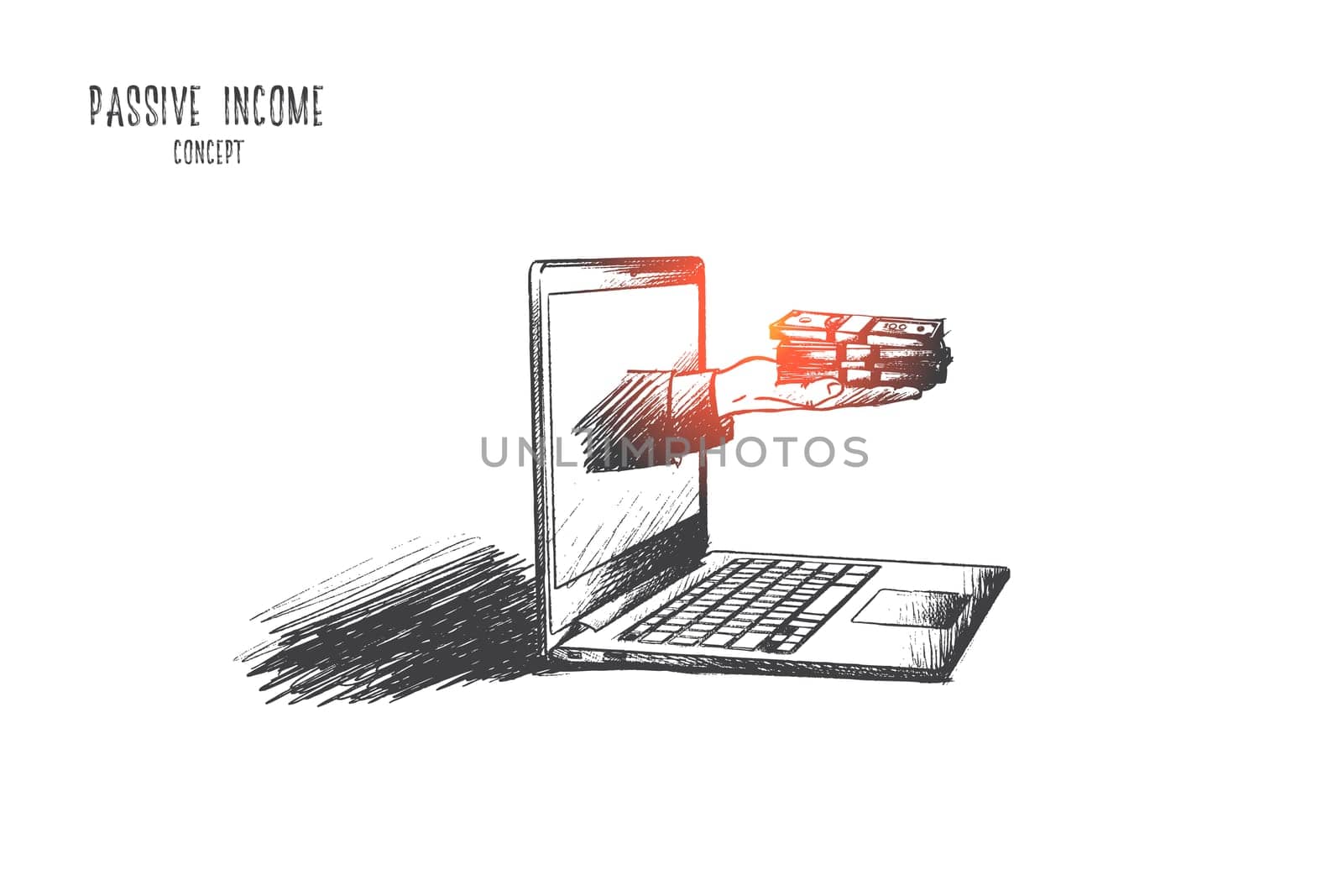 Passive income concept. Hand drawn hand with money from laptop screen. Investment income isolated vector illustration.