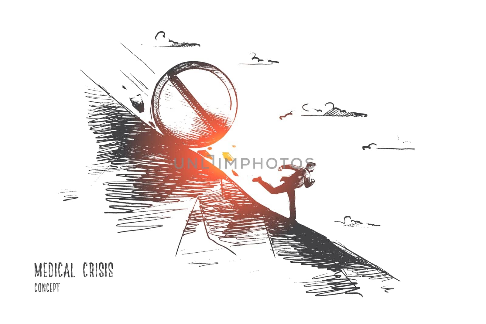 Medical crisis concept. Hand drawn tablets kill a person. Man running from medicine isolated vector illustration.
