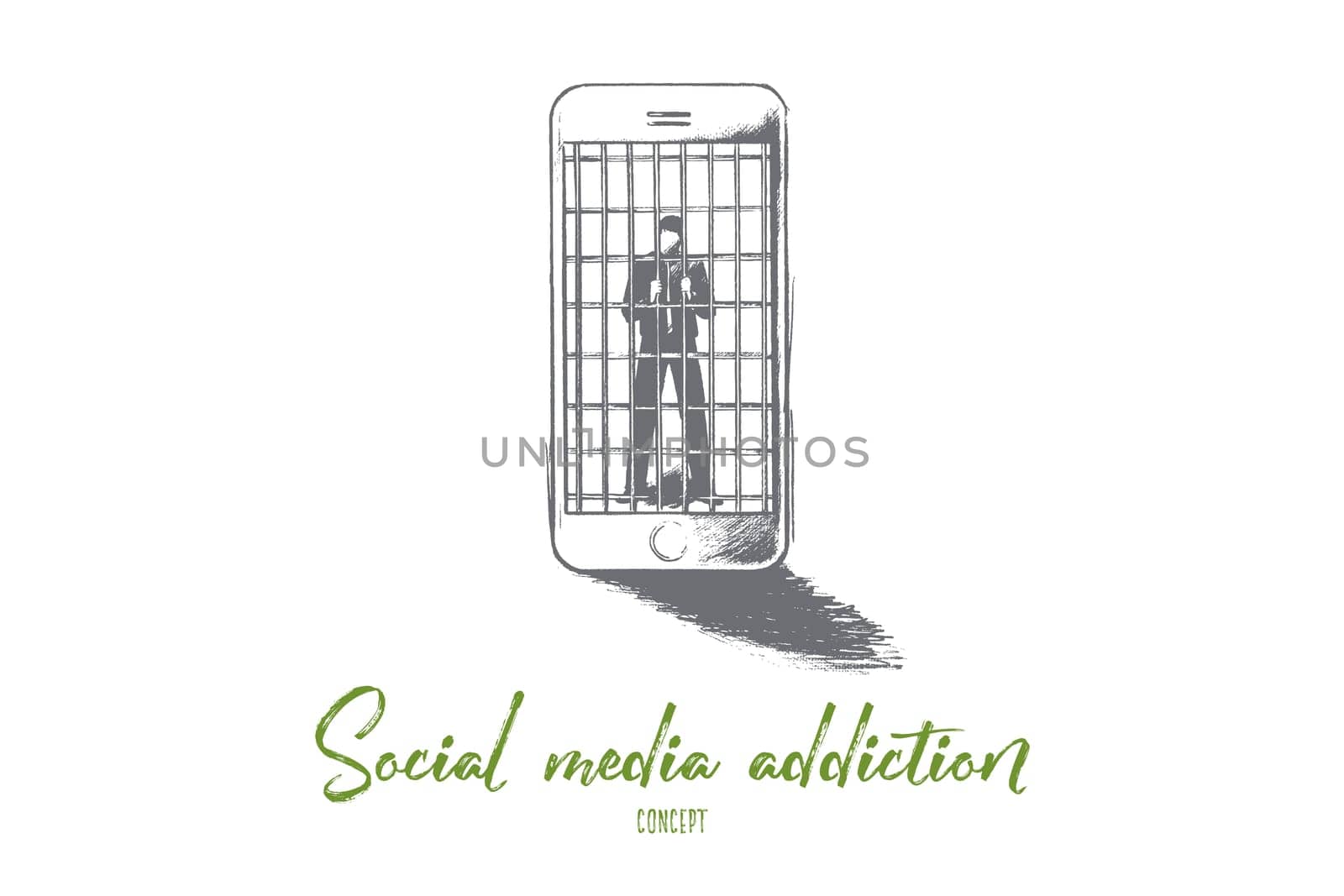 Social media addiction concept. Hand drawn person in jail of internet. Man slave of his smartphone isolated vector illustration.