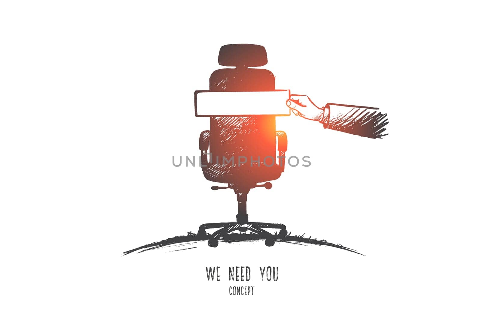We need you concept. Hand drawn workplace for a new employee. Recruitment sign isolated vector illustration.