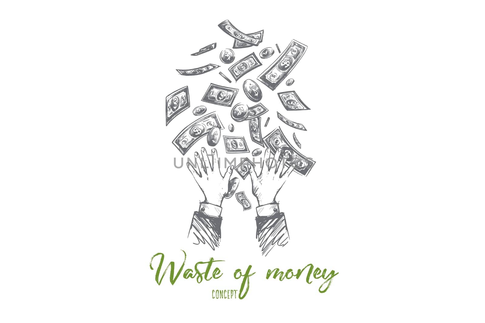 Waste of money concept. Hand drawn hands throwing away dollars. Losing money isolated vector illustration.