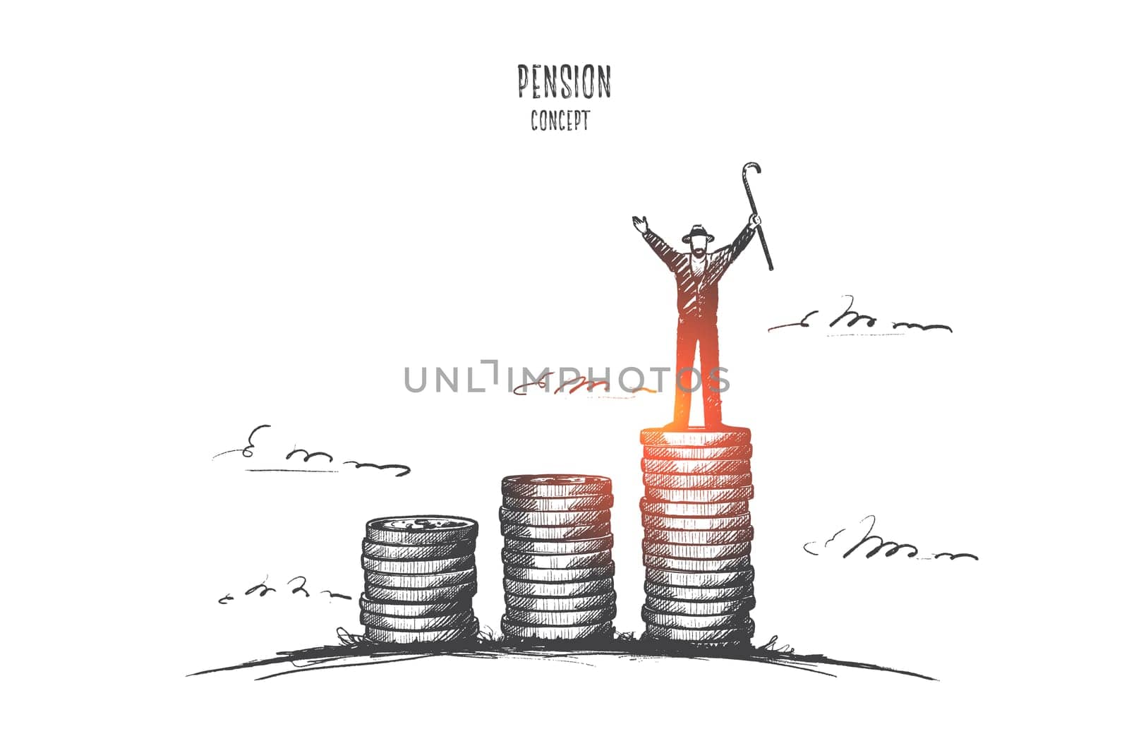 Pension concept. Hand drawn hand old man figure standing on top of coin stack. Pensioner stand on piles of money isolated vector illustration.