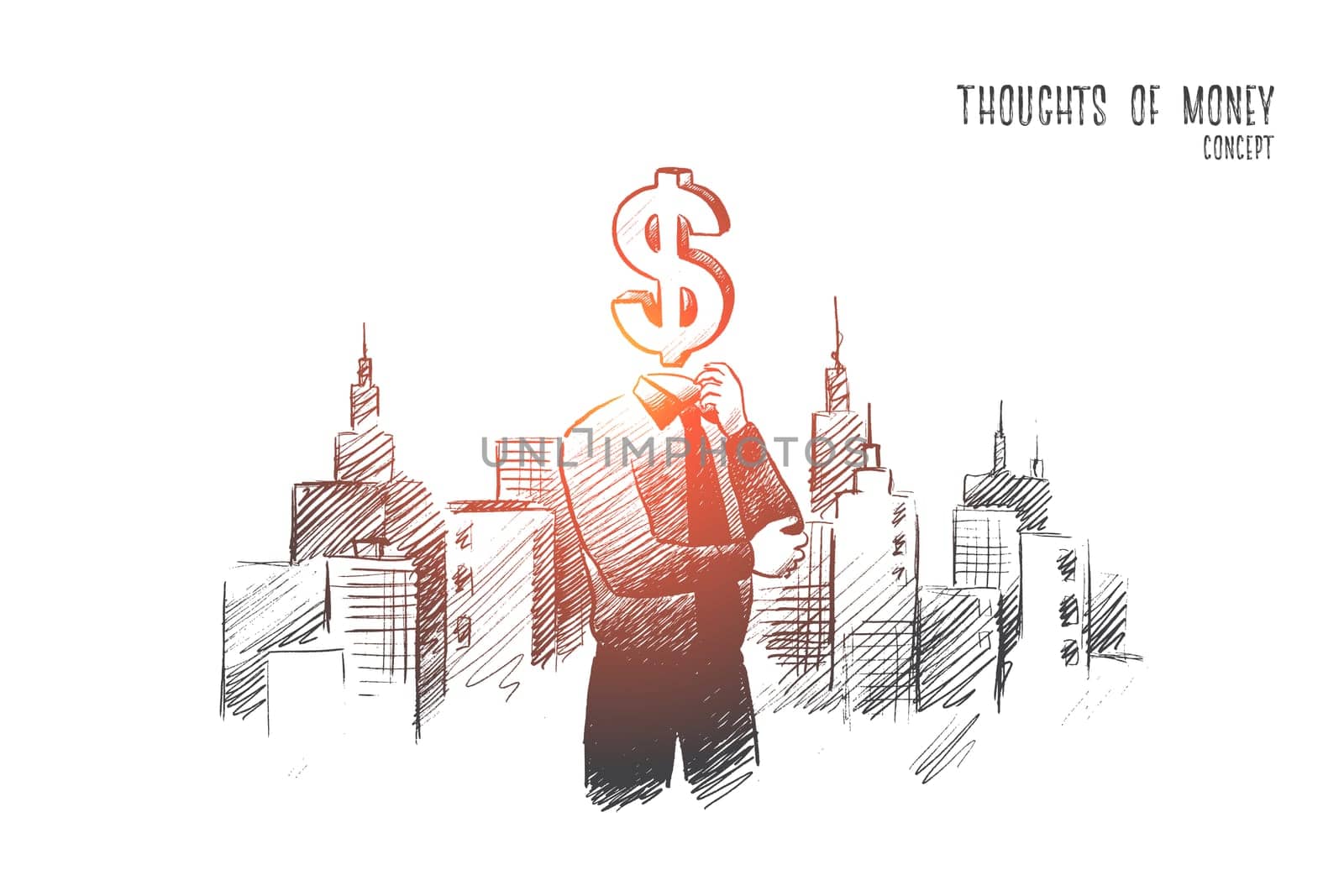 Thoughts of money concept. Hand drawn person with symbol of dollar instead of head. Man in suit thinking about money isolated vector illustration.