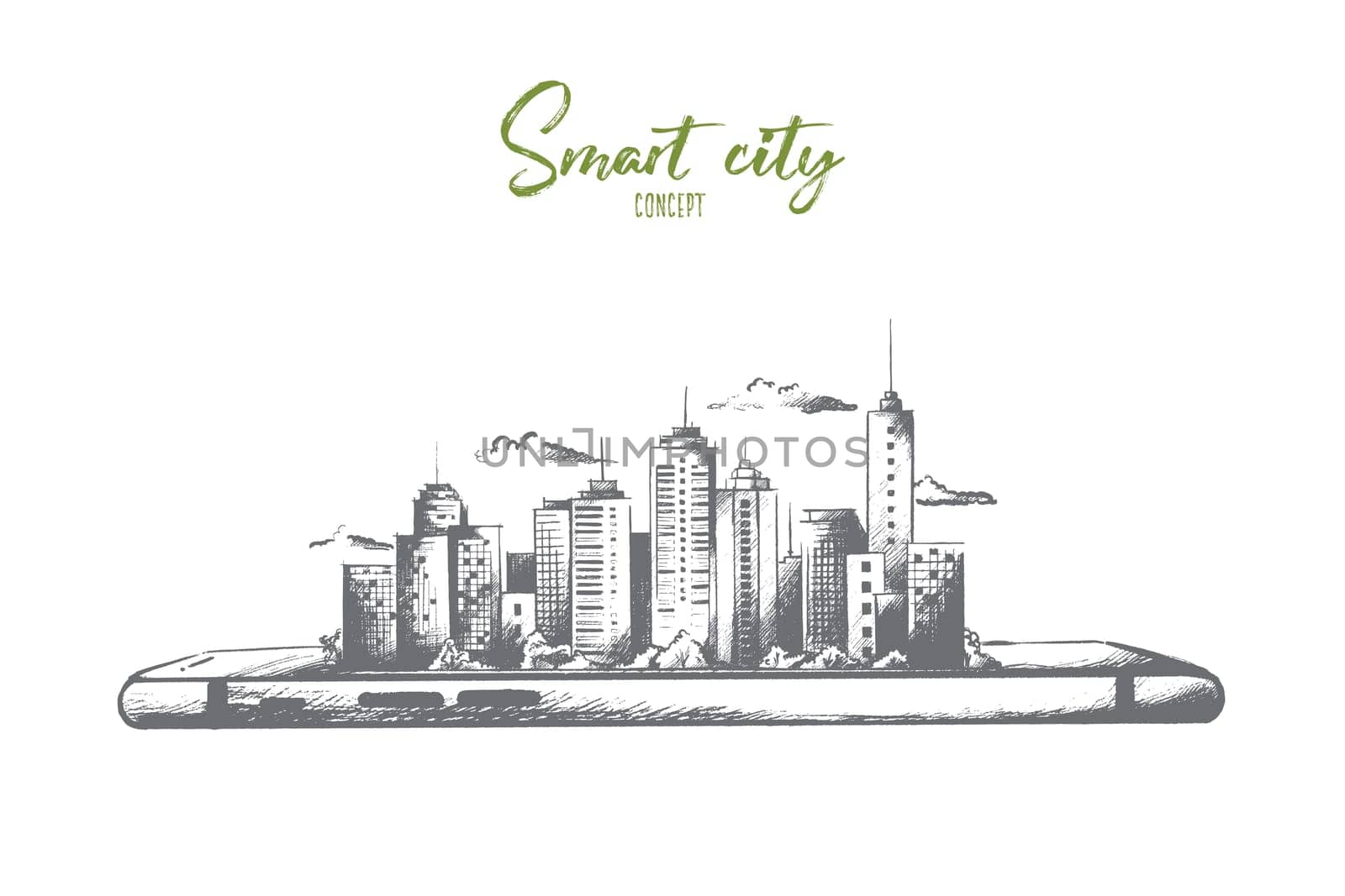 Smart city concept. Hand drawn smartphone with modern city scape. Little model of city with skyscrapers isolated vector illustration.