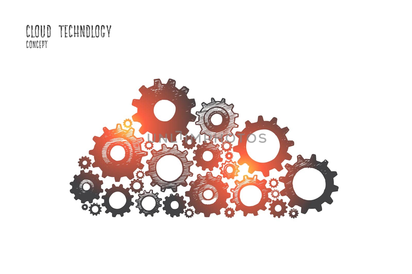 Cloud technology concept. Hand drawn cloud from little gears. Internet technology symbol isolated vector illustration.