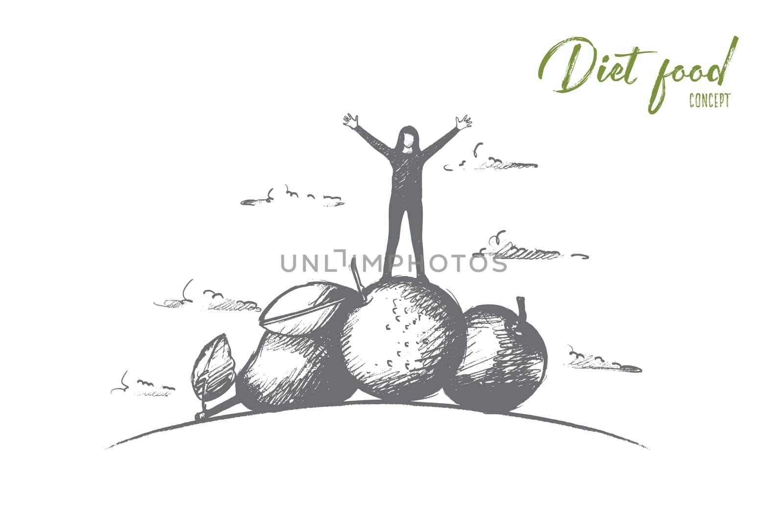 Diet food concept. Hand drawn woman standing on pile of fruits and vegetables. Diet nutrition products isolated vector illustration.